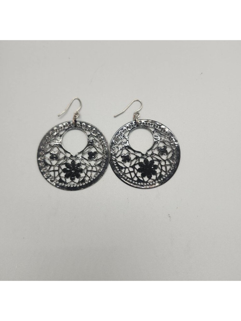Round Filigree Floral Dangle Earrings With Hook Closure – Silver & Black – 1.5 I